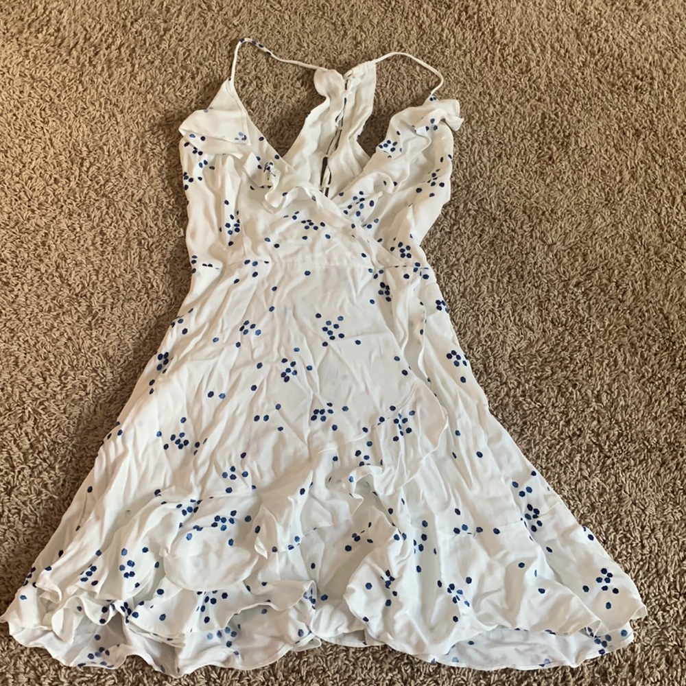 OLIVACEOUS White Ruffle Dre’s with Blue Dot Pattern WORN 1x